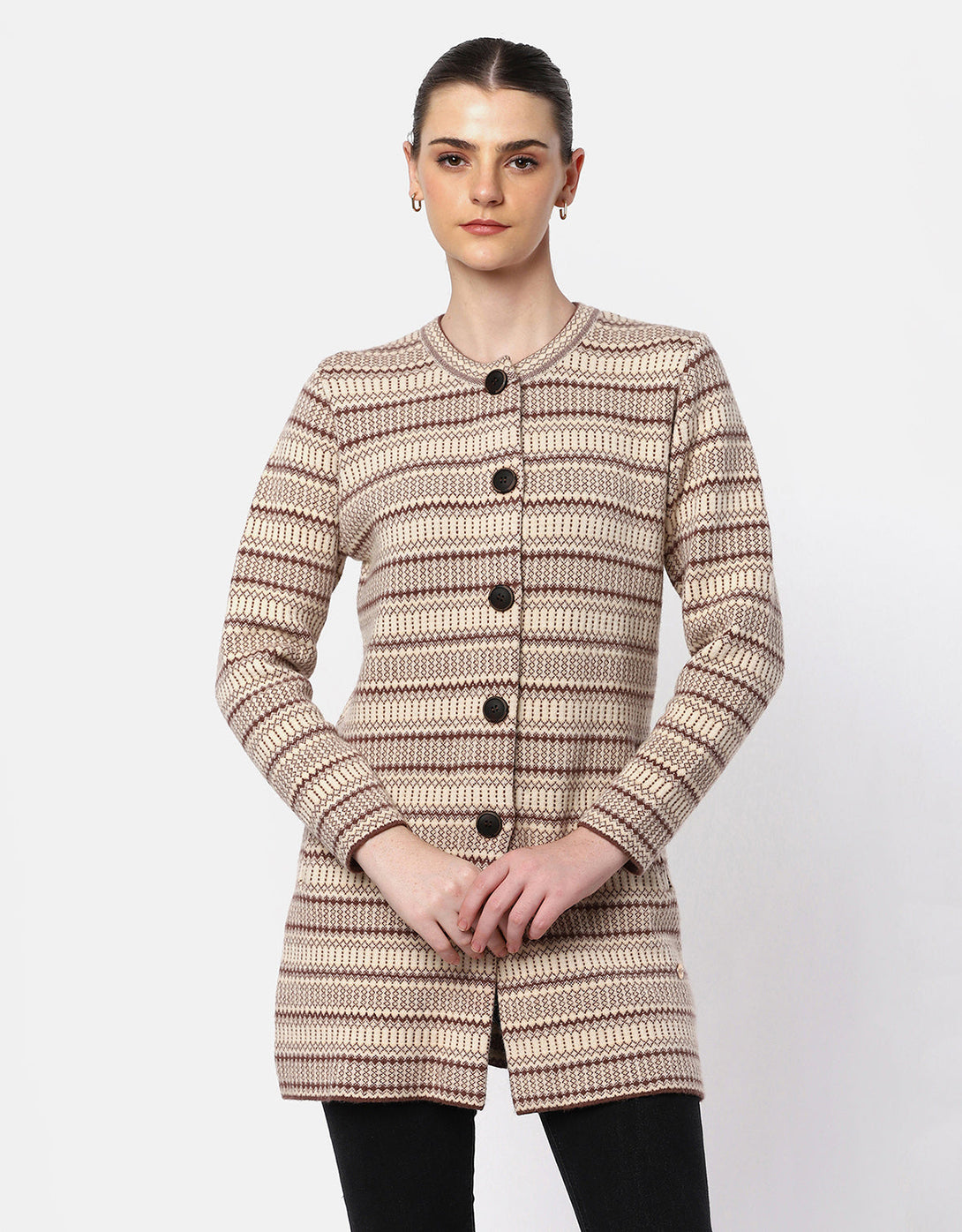 Knitted Round Neck Long Coat With Front Buttons