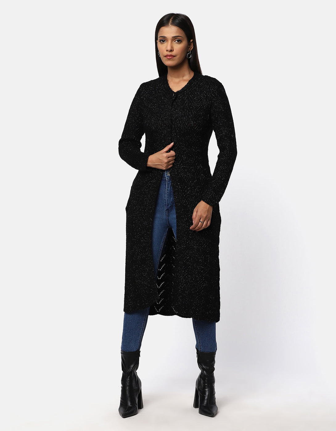 Knitted Fancy Round Neck Long Coat For Women