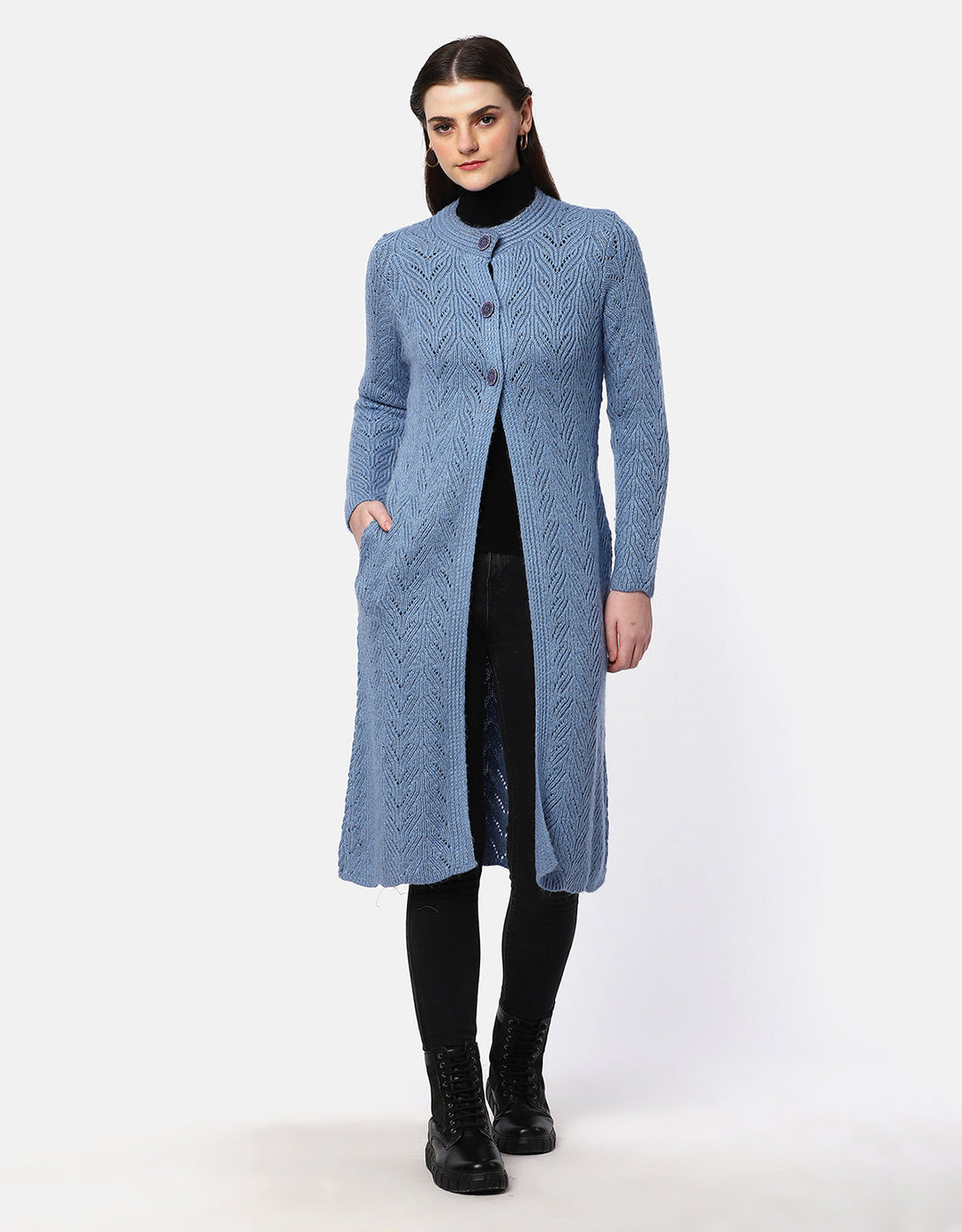 Knitted Fancy Round Neck Long Coat For Women