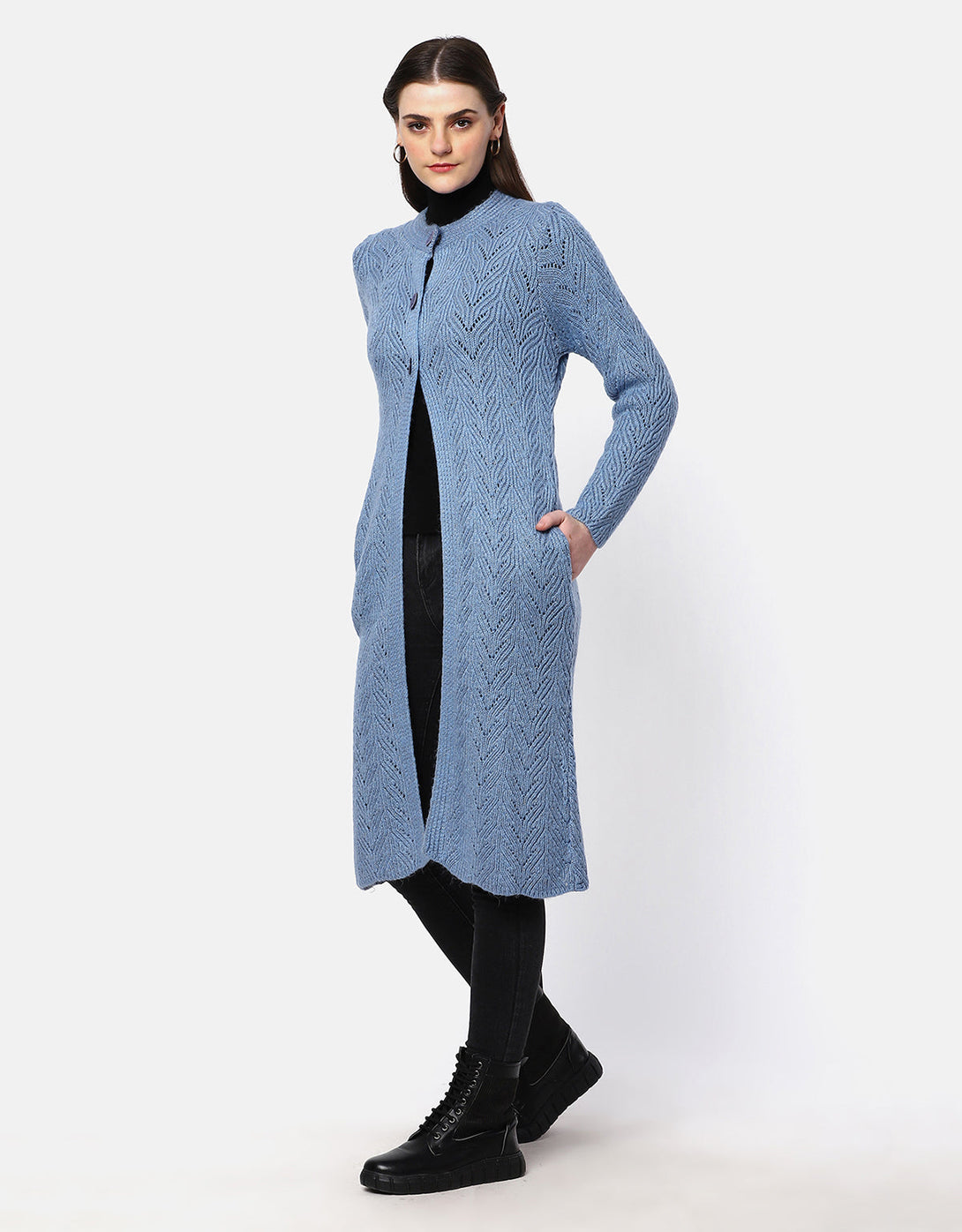 Knitted Fancy Round Neck Long Coat For Women