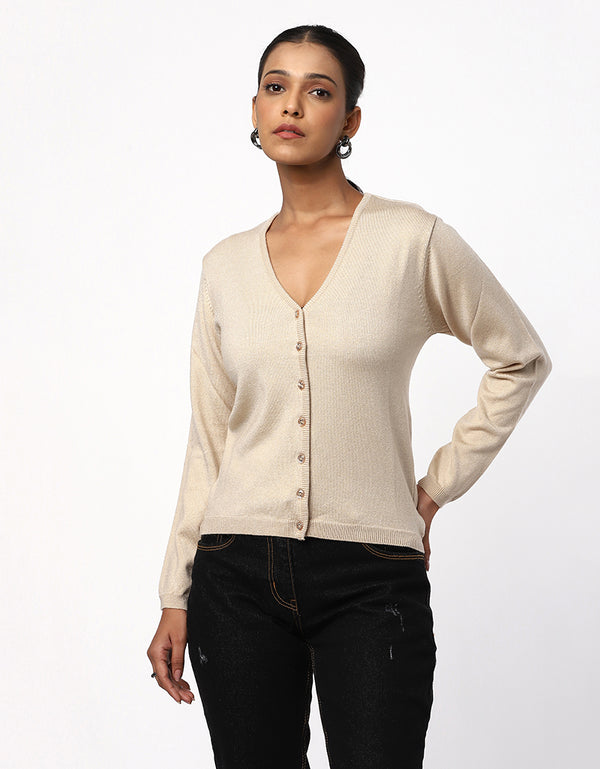 Women Woolen Round Neck Cardigan With Front Buttons