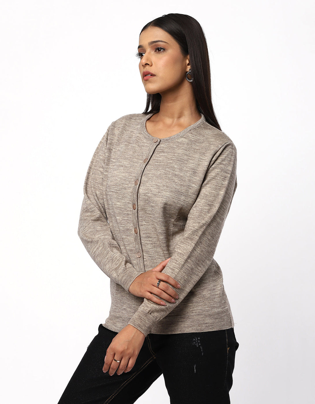 Women Woolen Round Neck Cardigan